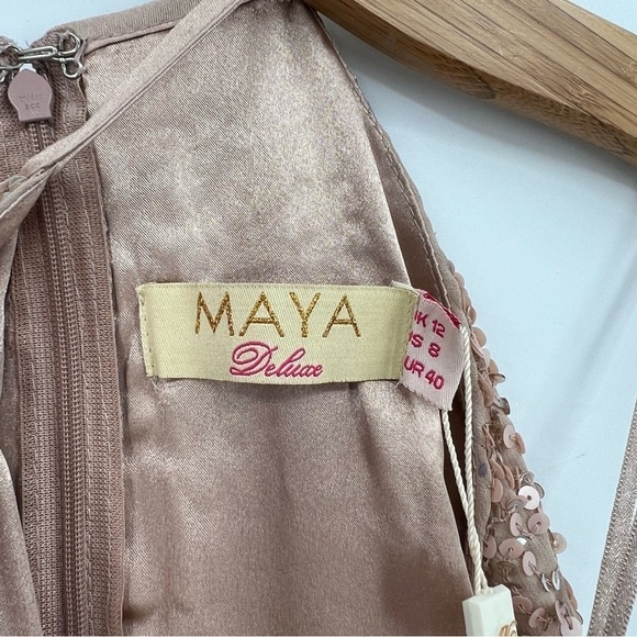 Maya Deluxe Fairy Tulle Sequin Embellished Halter Neck Maxi Dress Taupe Blush 8 - Picture 7 of 14